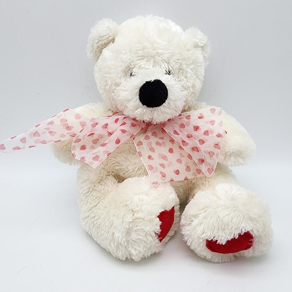 Ty TySilk Bear Plush Stuffed Toy 9" Shaggy White Fur Red Feet Hearts Ribbon 2005